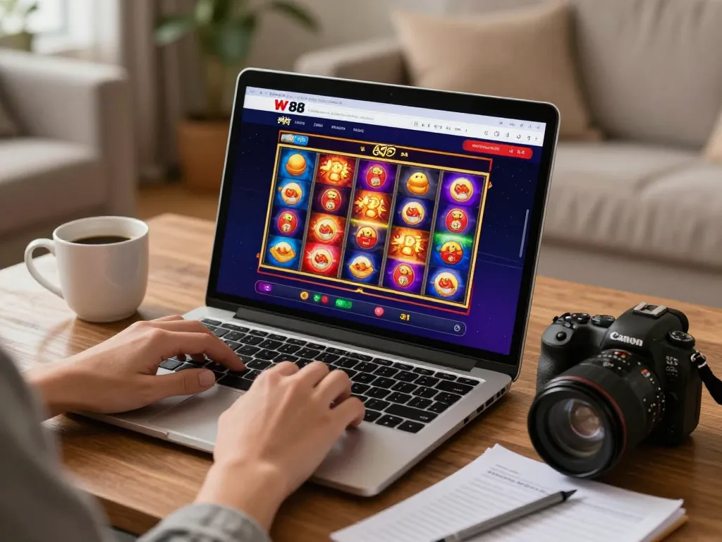 Player enjoying W 88 online slot game on laptop, vibrant home gaming atmosphere