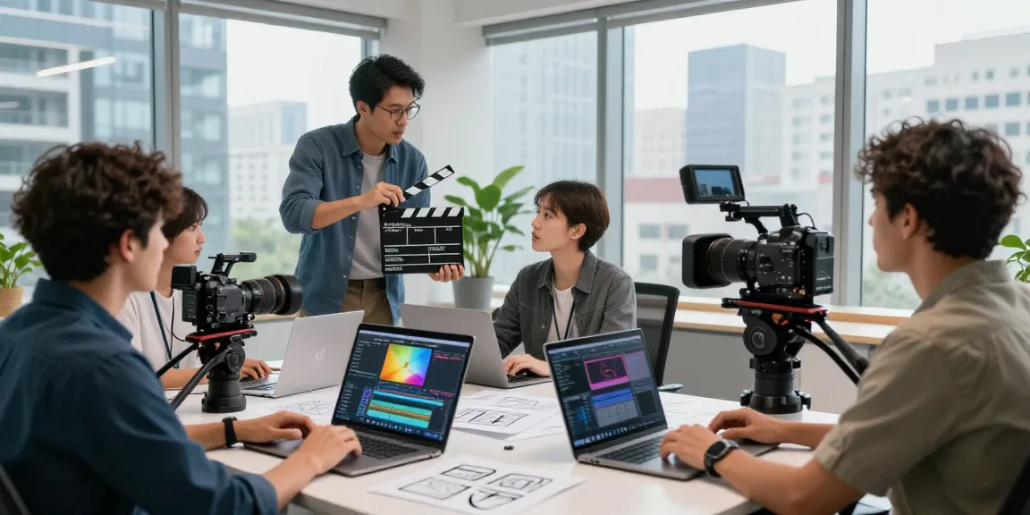 Corporate Video Production team collaborating in a modern studio