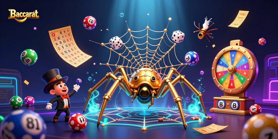 Baccarat game with steampunk spider and fly gentleman entangled in golden web and vibrant lottery elements.