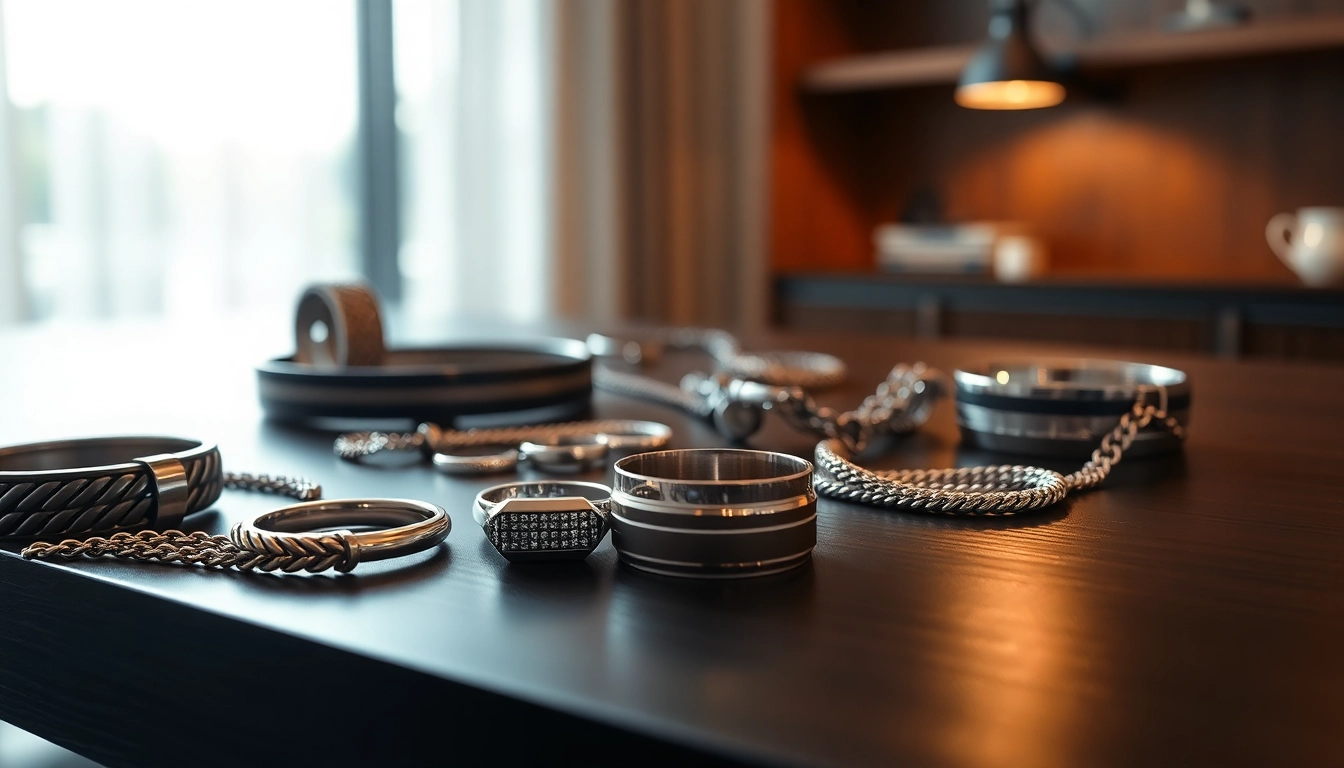 Showcase of men's jewelry with elegant designs and metallic textures.