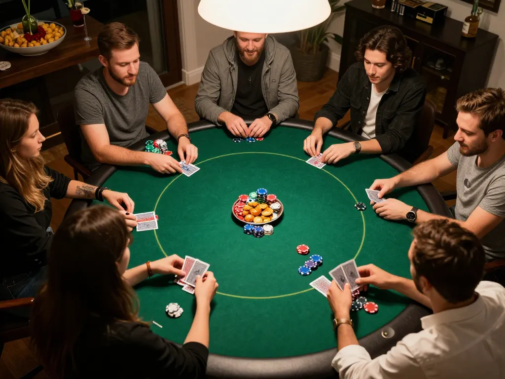 Engaged friends playing poker at home, showcasing trust and strategy while using siti scommesse stranieri sicuri.