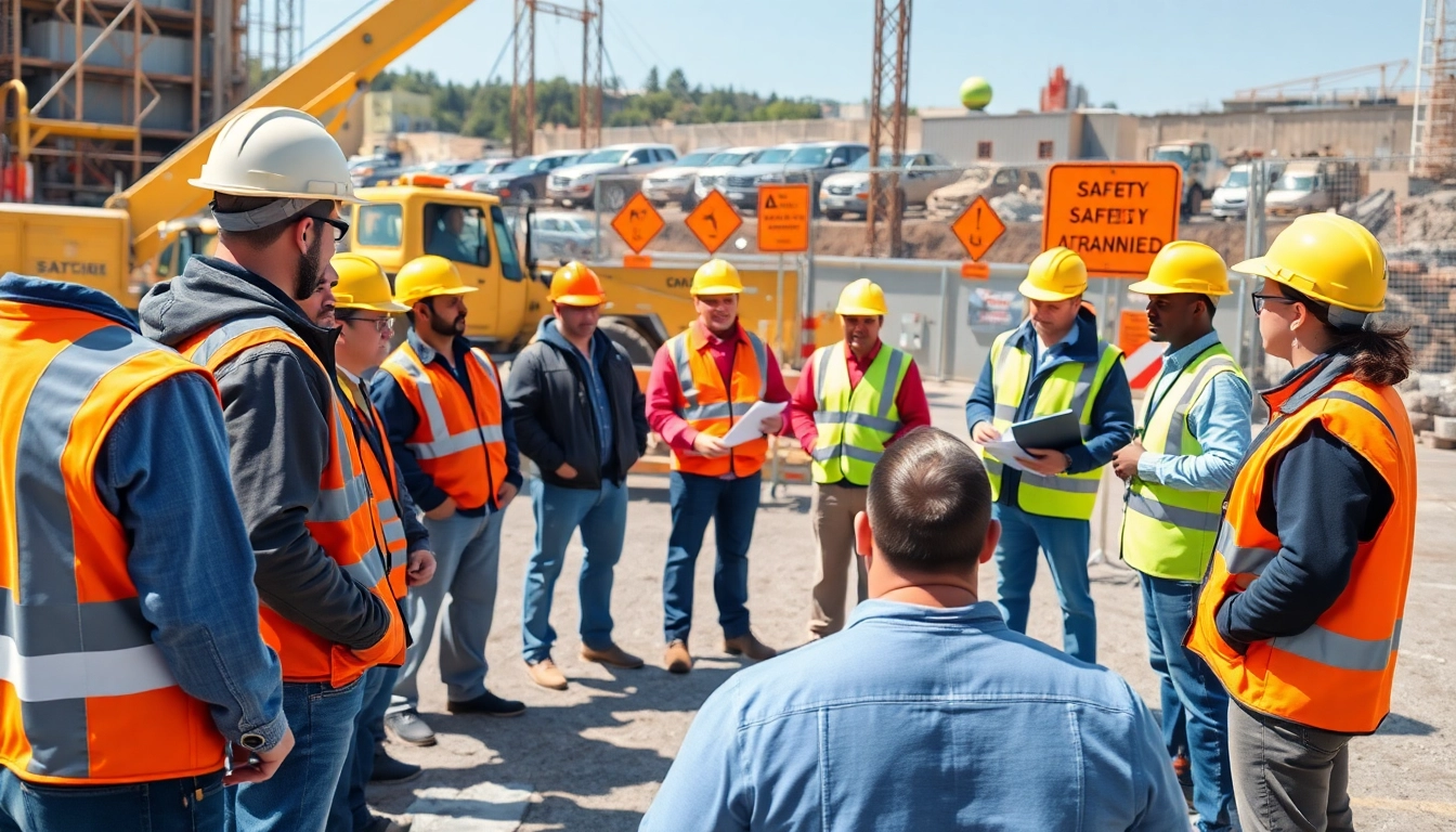Engaging construction site safety training with diverse participants learning key safety protocols.