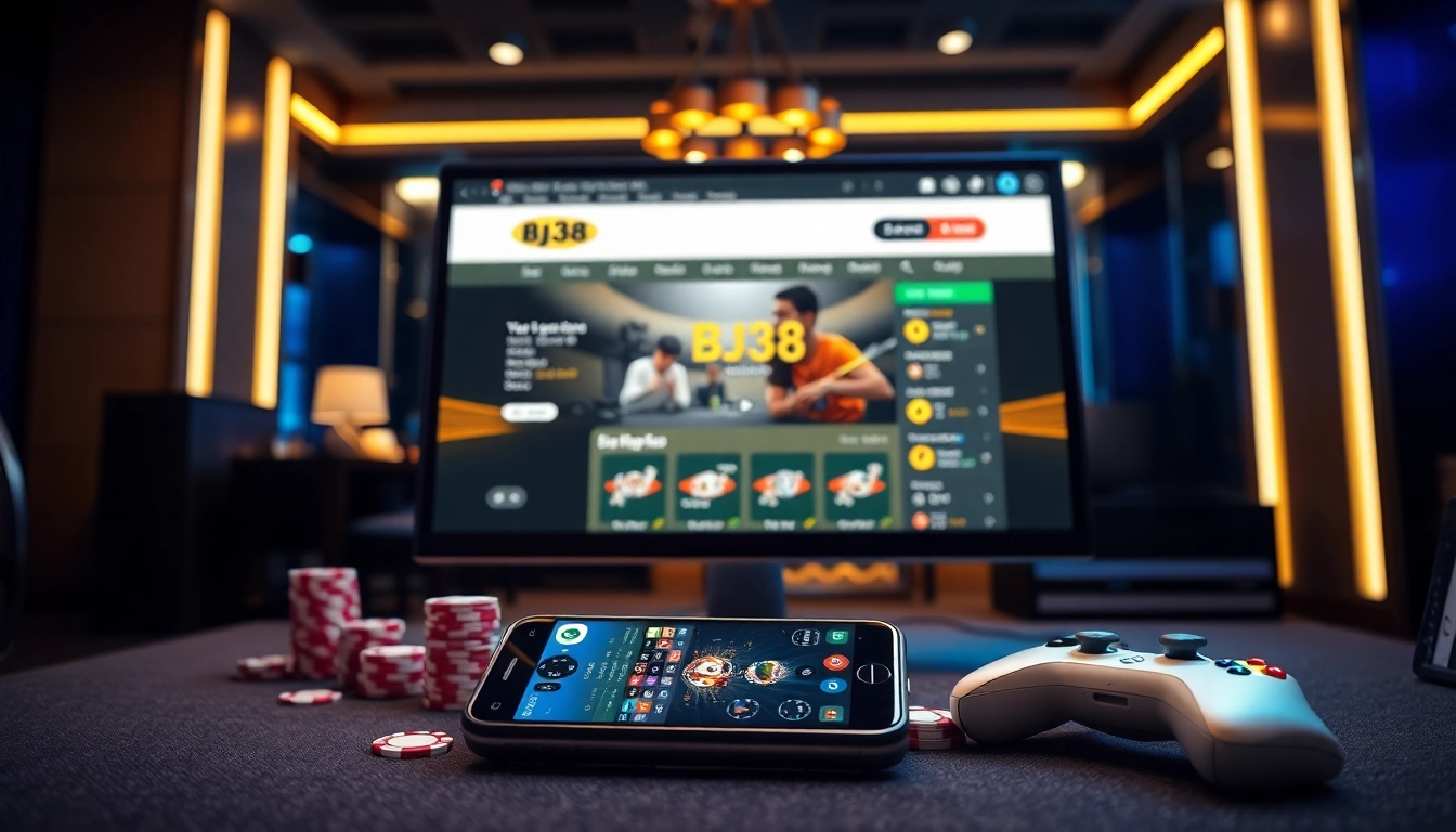 BJ38 online gaming platform interface with vibrant visual elements in a gaming room.