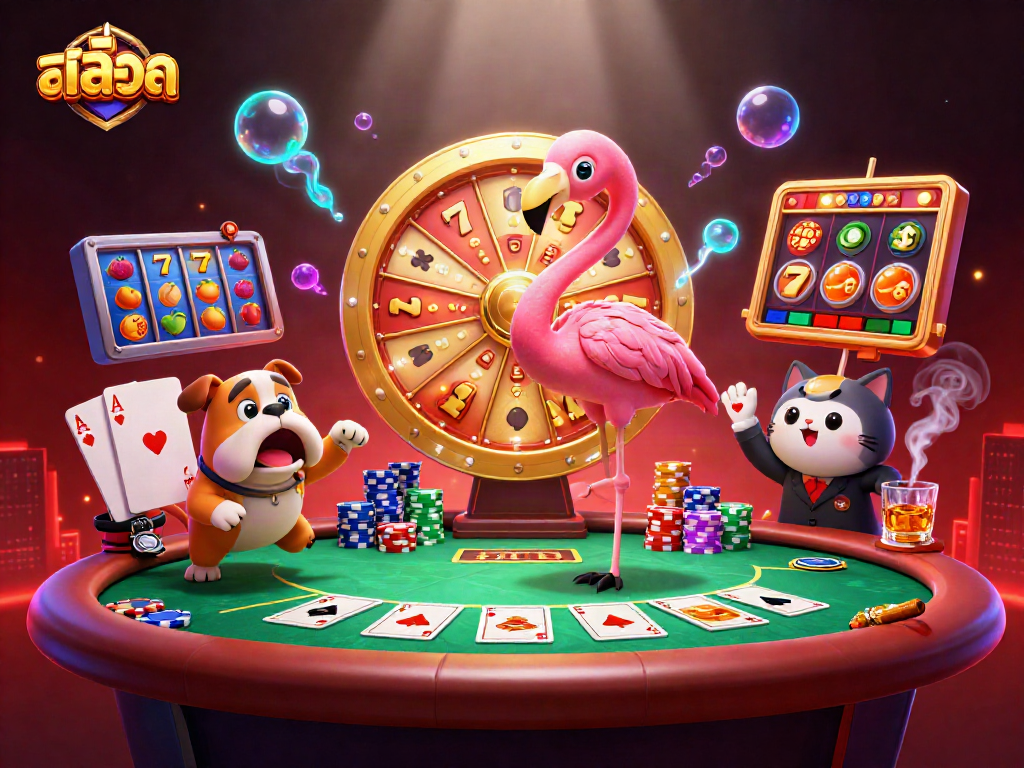 Experience the thrill of สล็อต with a lively 3D cartoon scene filled with excitement and casino elements.