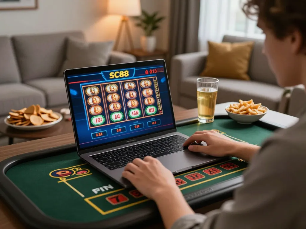 Engaged player placing bets on SC88 slots in a cozy online gaming setup at home.