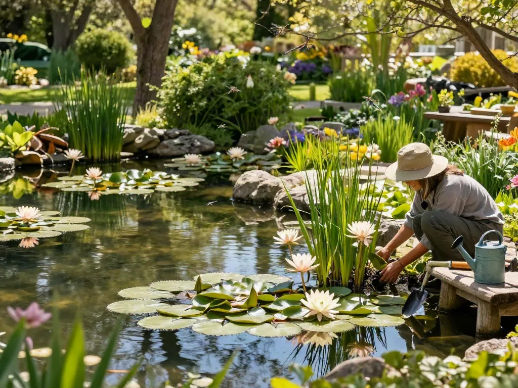 Pond plants like water lilies and lotus flowers thrive in a vibrant garden scene