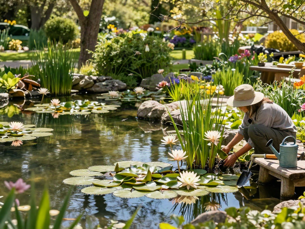 Pond plants like water lilies and lotus flowers thrive in a vibrant garden scene