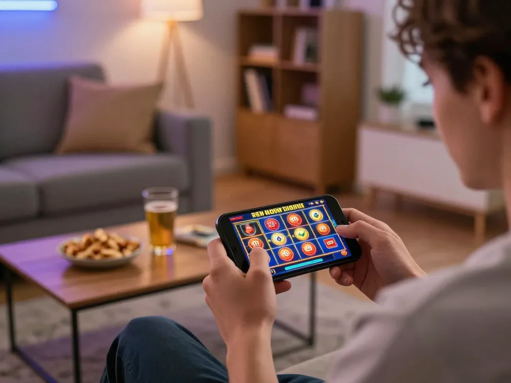 Experience the excitement of a bonus new member offer while playing slots on a mobile device in a cozy setting.