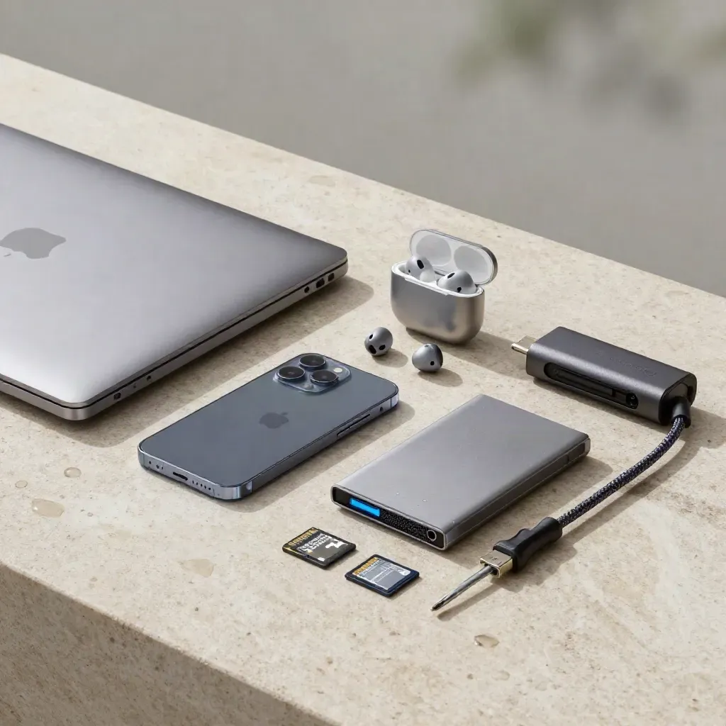 Graphite laptop base and tech gadgets on rain-damp stone in soft morning light