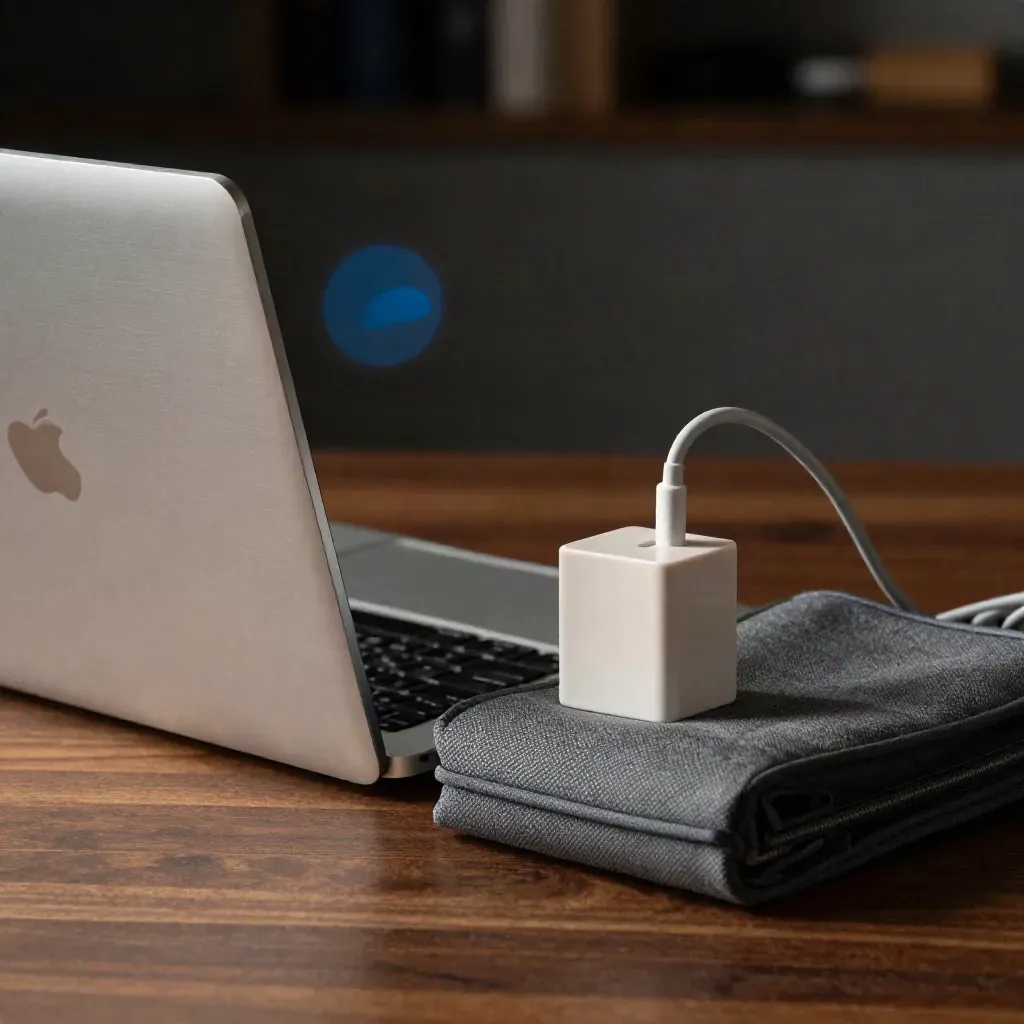 Laptop stand, charger brick and sleeve on walnut with dark bokeh and a cool-blue highlight.