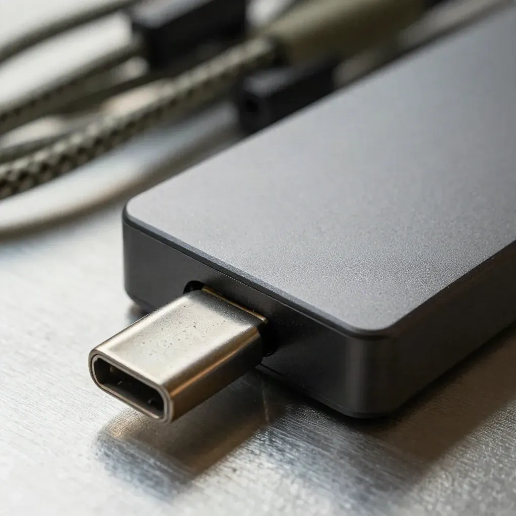 Extreme macro of USB-C dock, right-angle adapter and braided cable on brushed metal