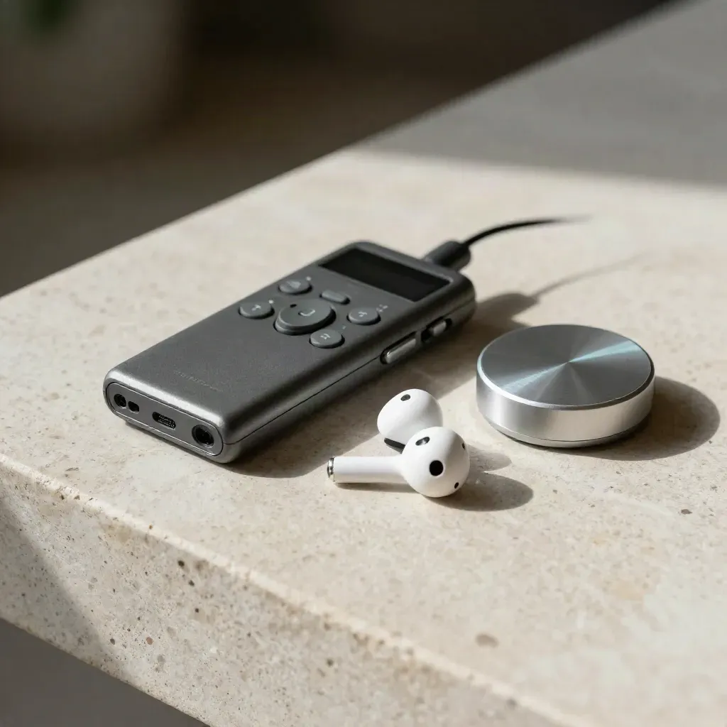 Voice recorder, earbuds and charging puck on pale stone in soft side light