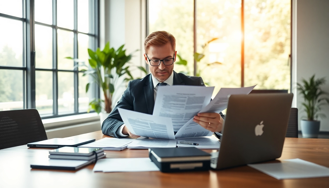 Engaging scene depicting contract management with a professional focused on paperwork and technology.
