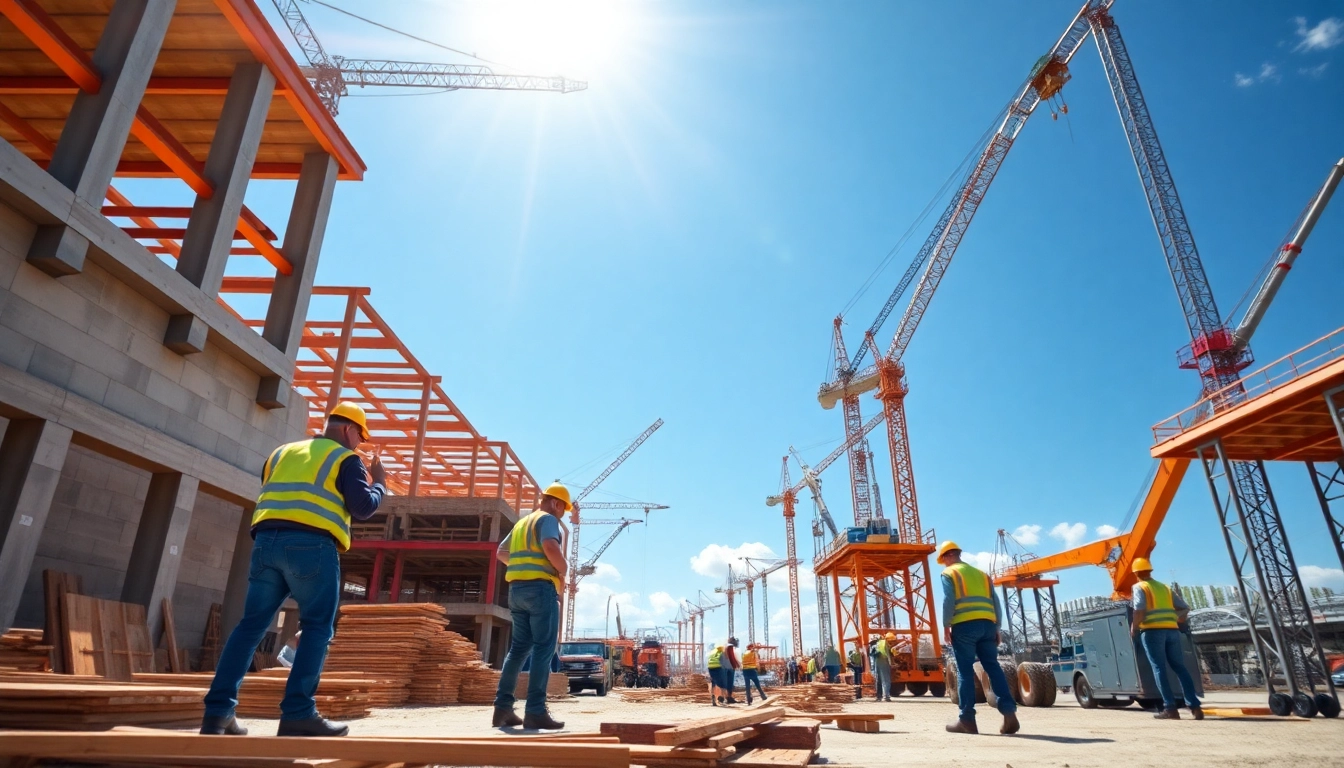 Engaging scene of Carolina construction news highlighting teamwork at a bustling site with cranes.
