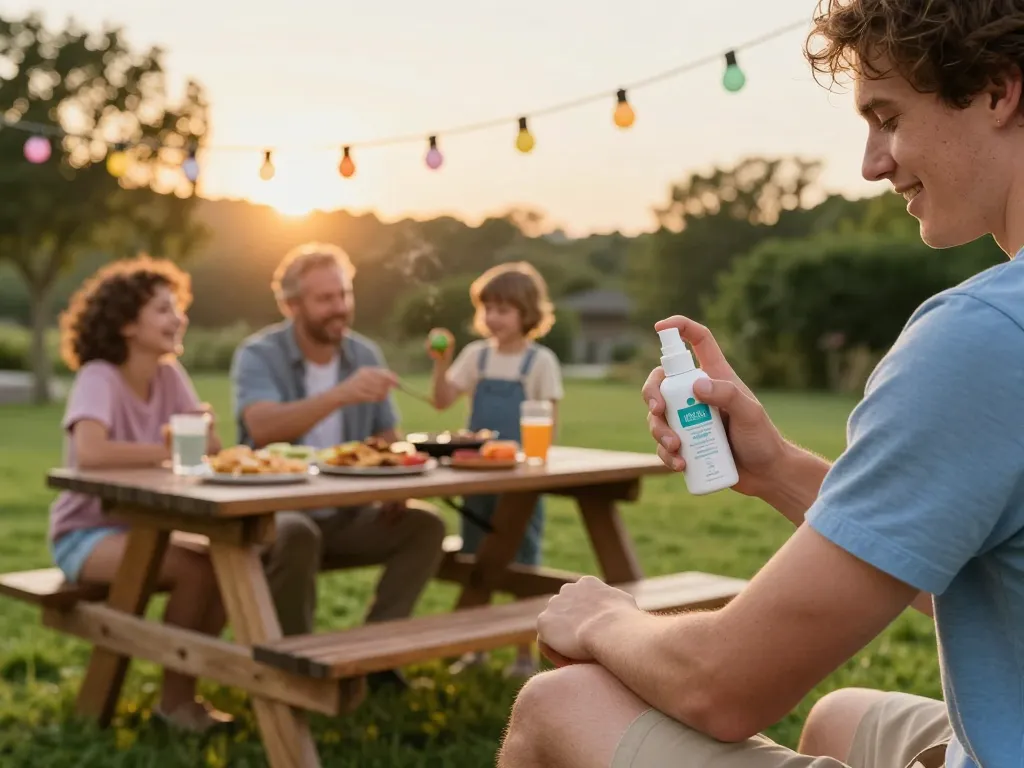 Family enjoying a summer barbecue, applying mosquito repellent for outdoor protection.