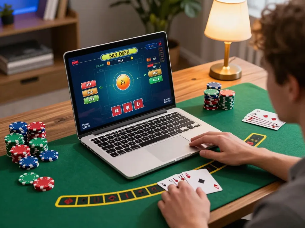 Person playing online blackjack on laptop, highlighting fly88 gaming experience at home.