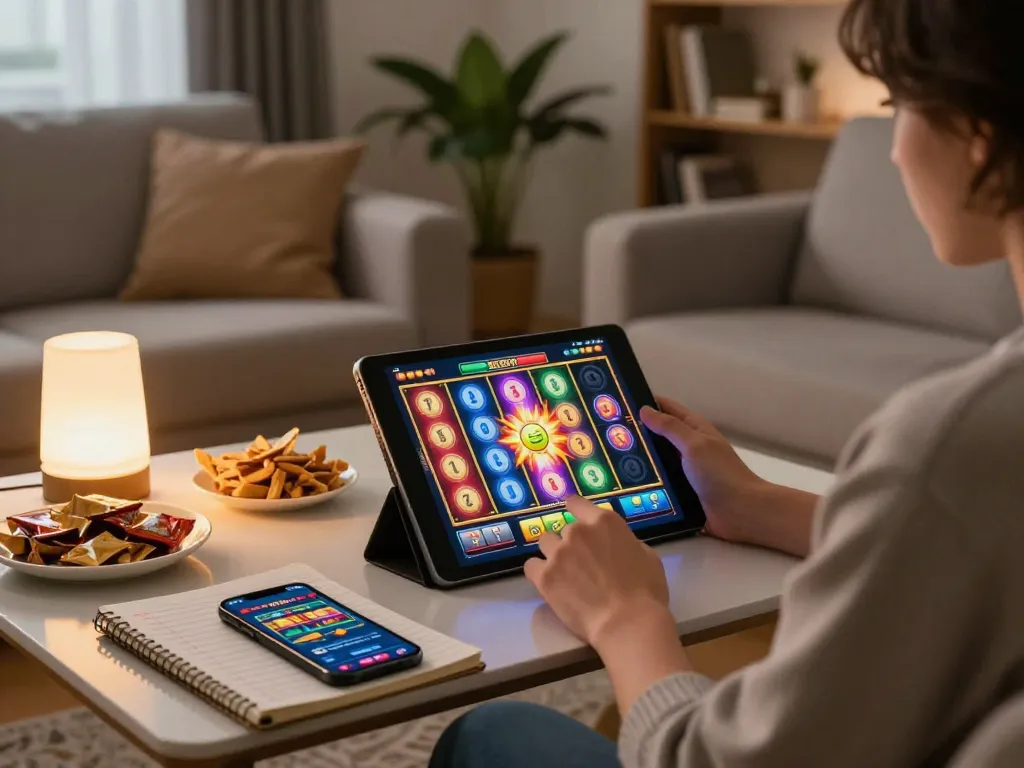 A person enjoying เว็บสล็อต game online on a tablet in a cozy home setting, highlighting responsible gambling.