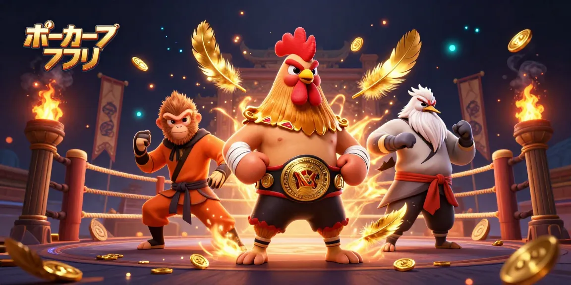 ポーカーアプリを楽しむ3Dキャラクターたちが黄金のコインとエフェクトに囲まれたシーン