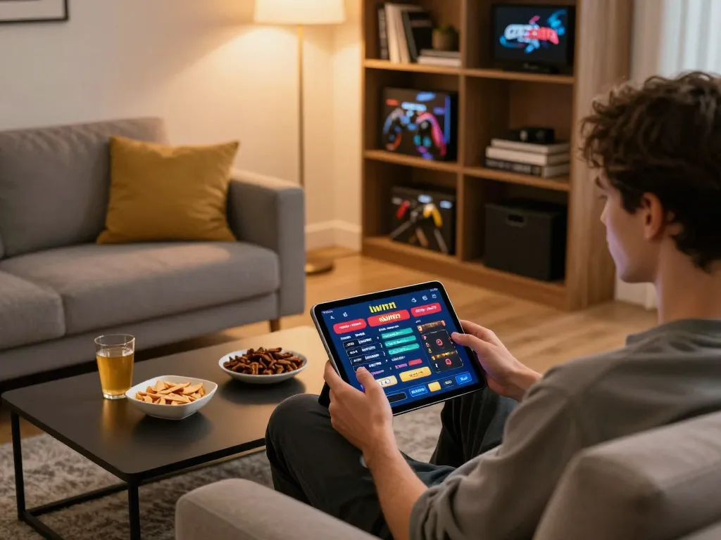 Player engaging with the iwinn casino app on a tablet, illustrating an online gambling experience.