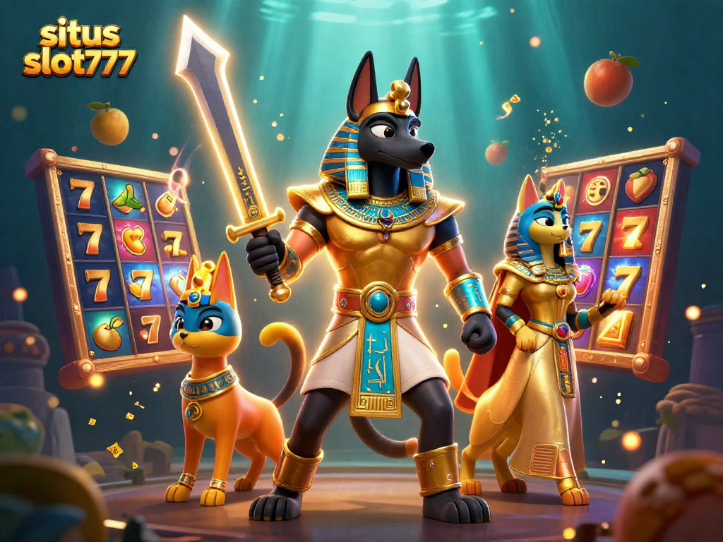 Situs slot777 offers an entertaining experience with vividly illustrated slot machines, Anubis, and unique gaming elements.