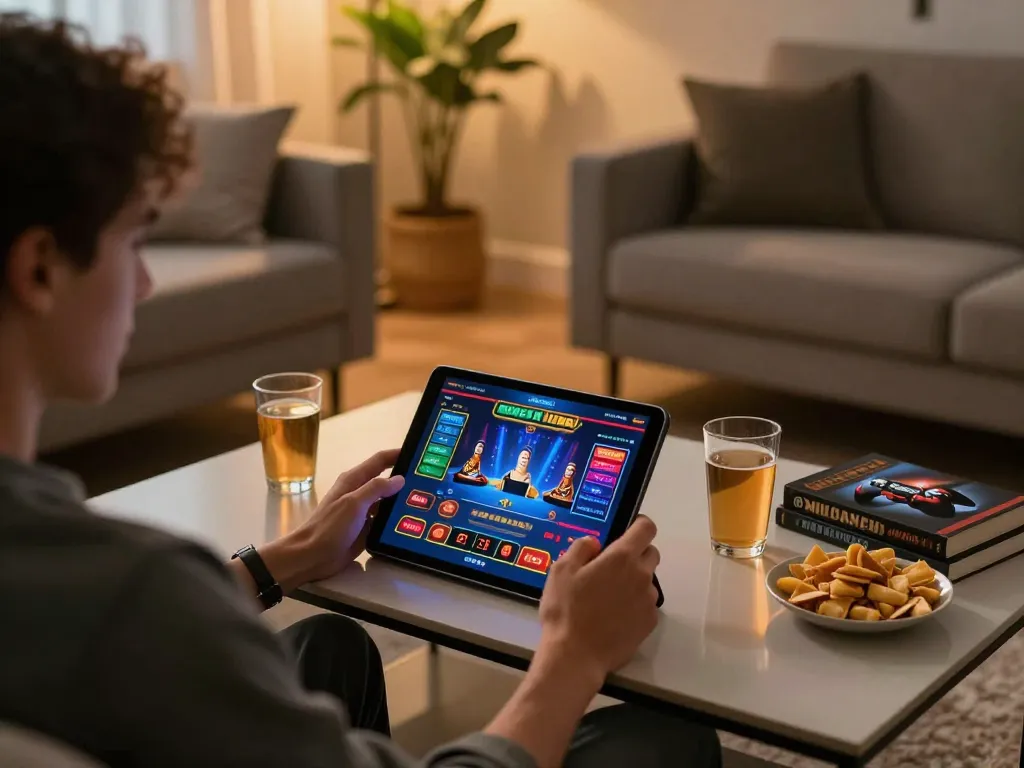 Engaging with TR88's online casino on tablet in a cozy home setting, showcasing live dealer games.