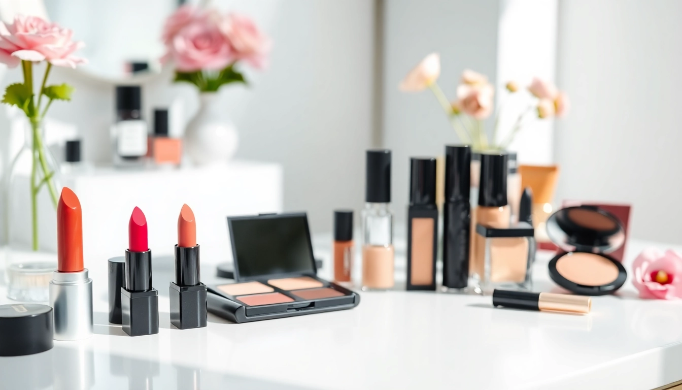 Showcase of wholesale make up products arranged on a stylish vanity.