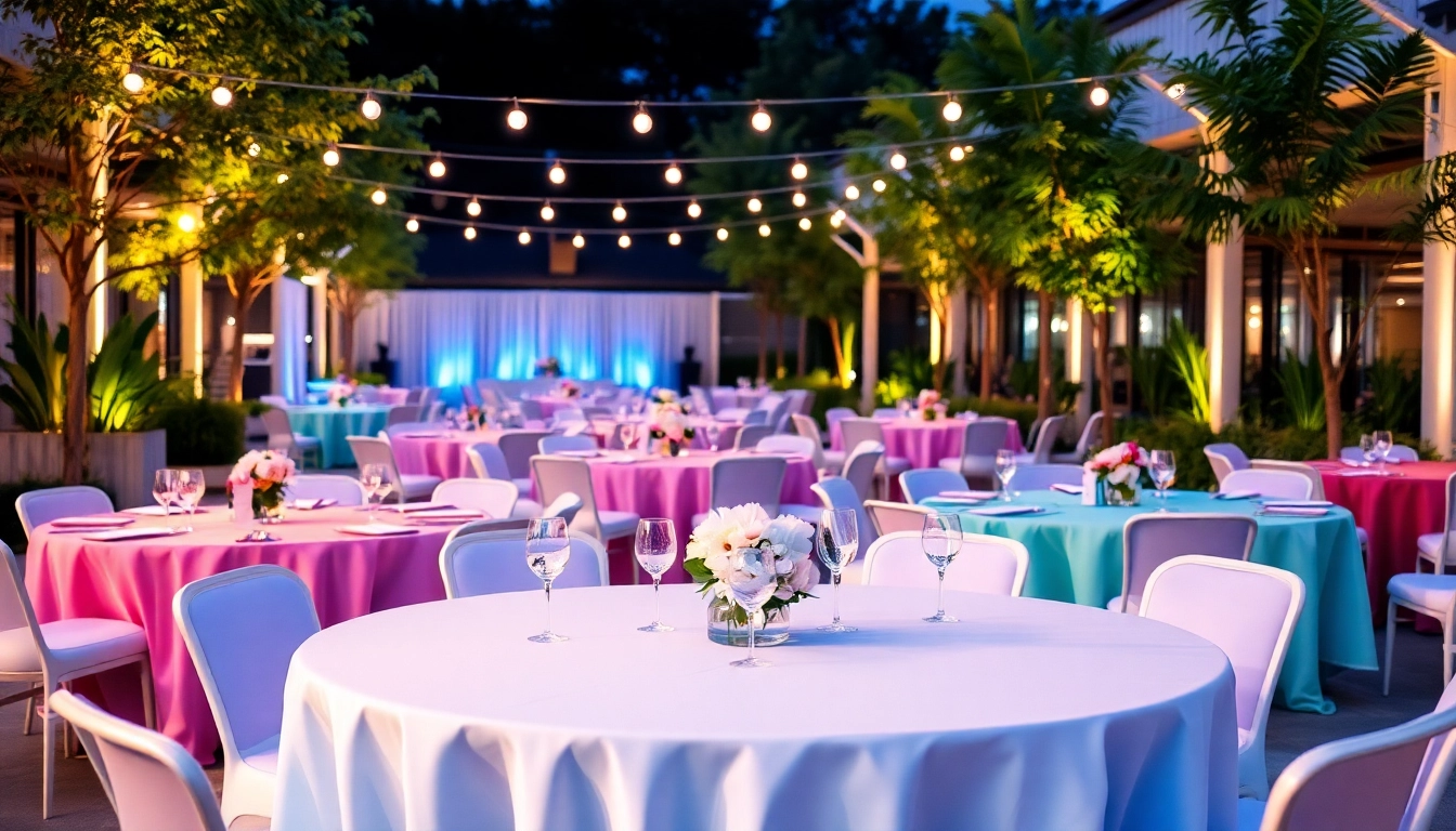 Showcase of Table Rentals arranged beautifully for an outdoor event with elegant linens.