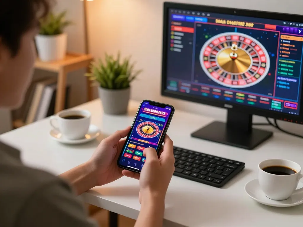 Engaging moment using a slot server thailand app on smartphone in a modern gaming setup.