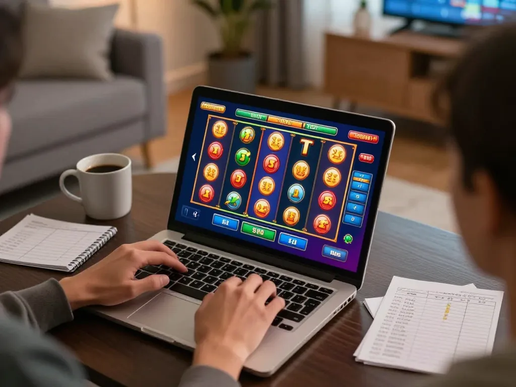 Engaging scene of a person playing slot online on a laptop, showcasing colorful reels and gameplay strategy.