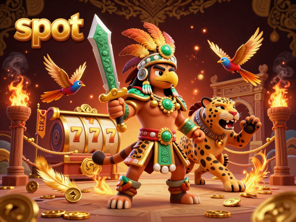 Spin the slot reels with excitement in a vibrant 3D casino scene featuring warriors and golden tokens.