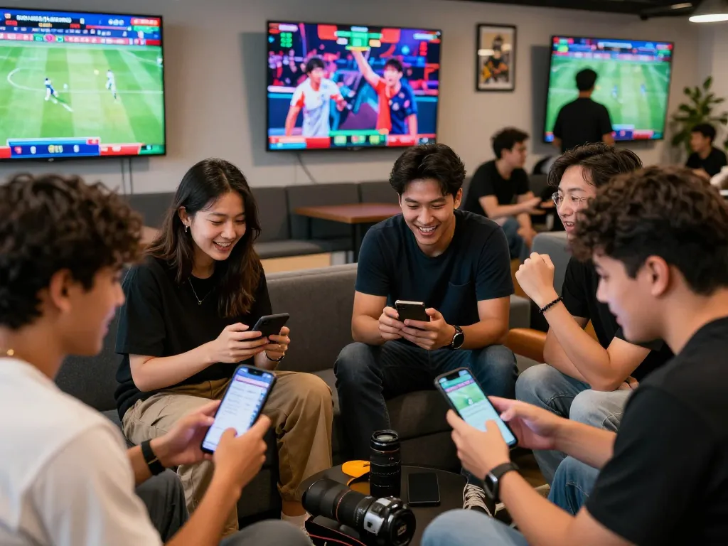 Thể thao hubet88 players immersed in active sports betting environment with mobile devices and live game updates.