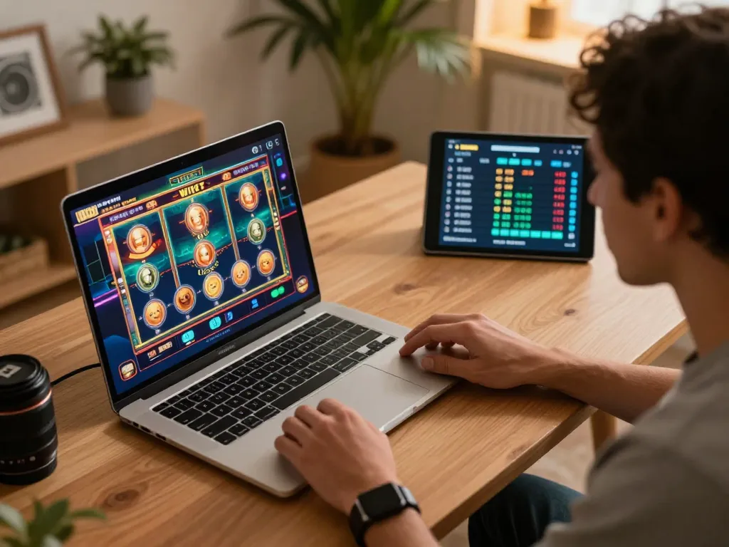 Engaging in online slot gaming with vibrant graphics on a laptop while tracking win rates.