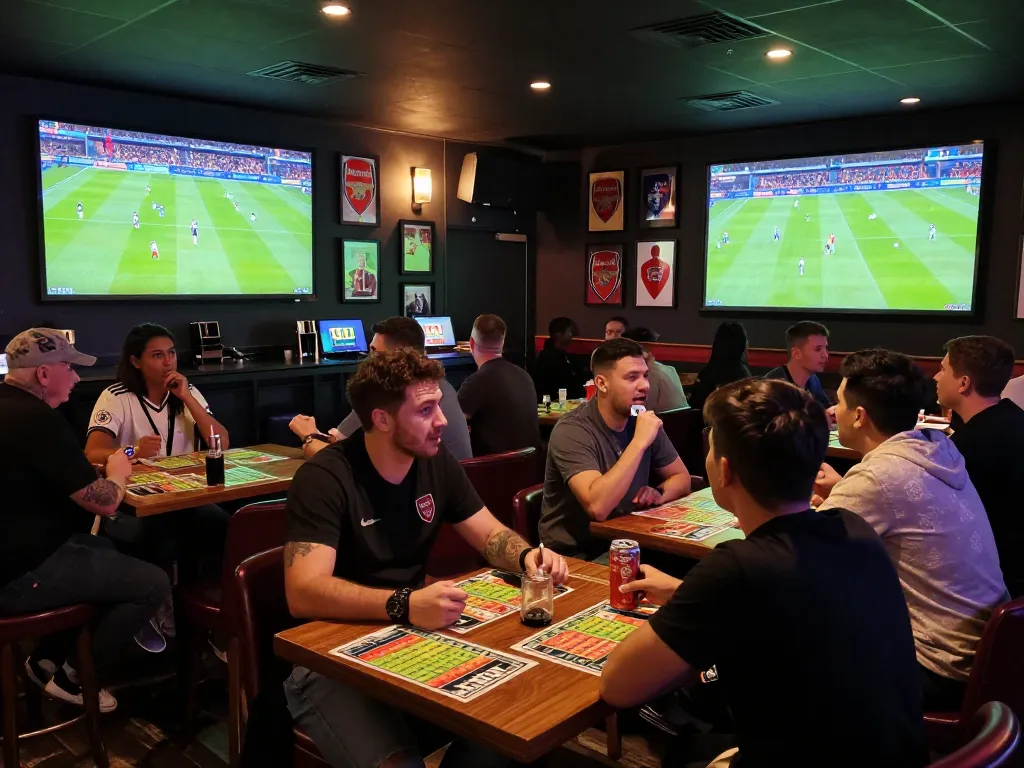 Excitement in sports betting as fans analyze Nhận Định Arsenal vs Chelsea at a lively bar.