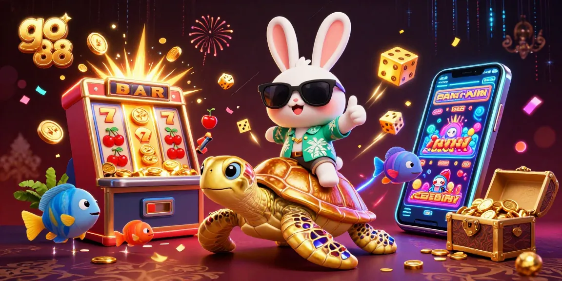 Experience vibrant wins with go 88 as a lucky rabbit celebrates big casino wins with a golden turtle.