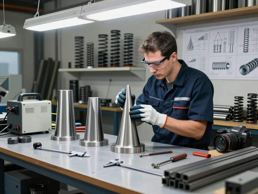 Tehnician analizând arcuri tracțiune într-un atelier industrial luminos, prezentând arcuri din oțel inoxidabil și carbon.