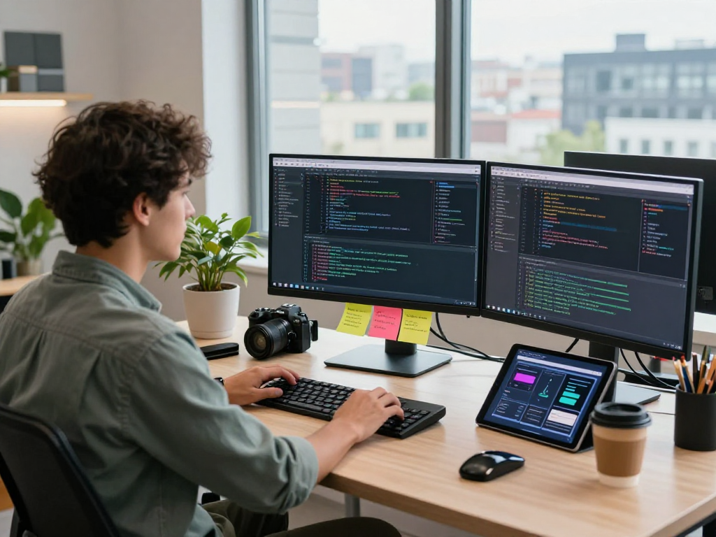 Engineer coding at workspace, showcasing crushon's innovative software solutions in a vibrant tech environment.