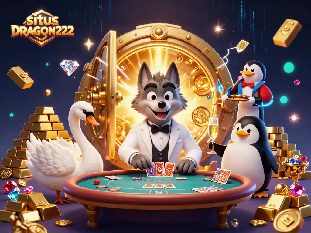 Experience thrilling gameplay at situs DRAGON222 with a vibrant casino scene featuring elegant characters and treasures.