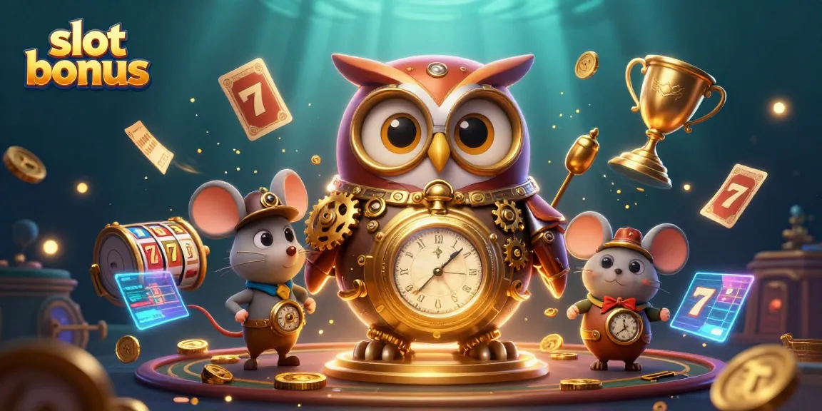 Experience the thrill with slot bonus elements as the cartoon owl and mouse navigate a vibrant casino scene.