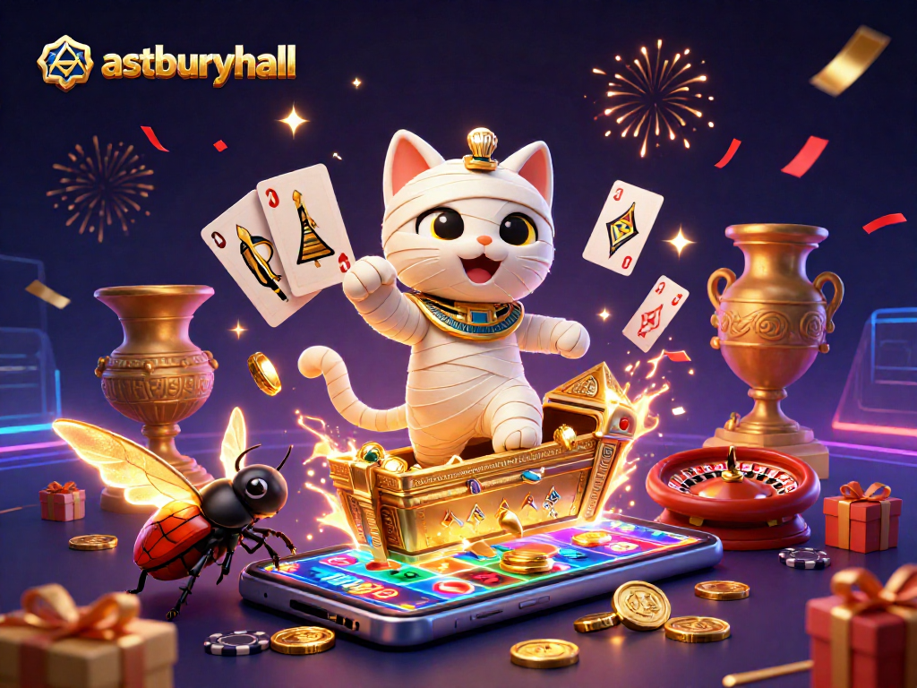 Play exciting slots at astburyhall with a captivating Egyptian casino scene featuring vibrant characters and gaming elements.