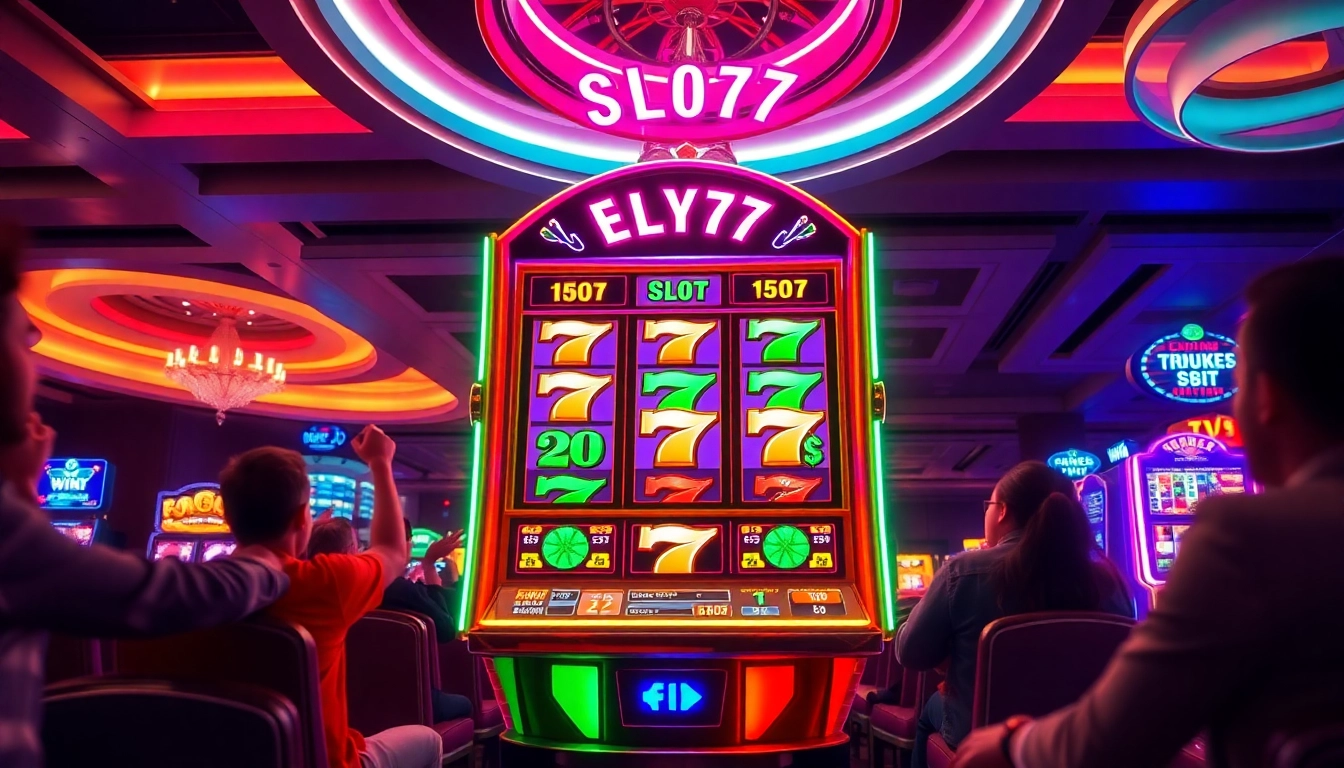 Slot77 menampilkan mesin slot yang ramai dengan pemain yang merayakan kemenangan mereka.
