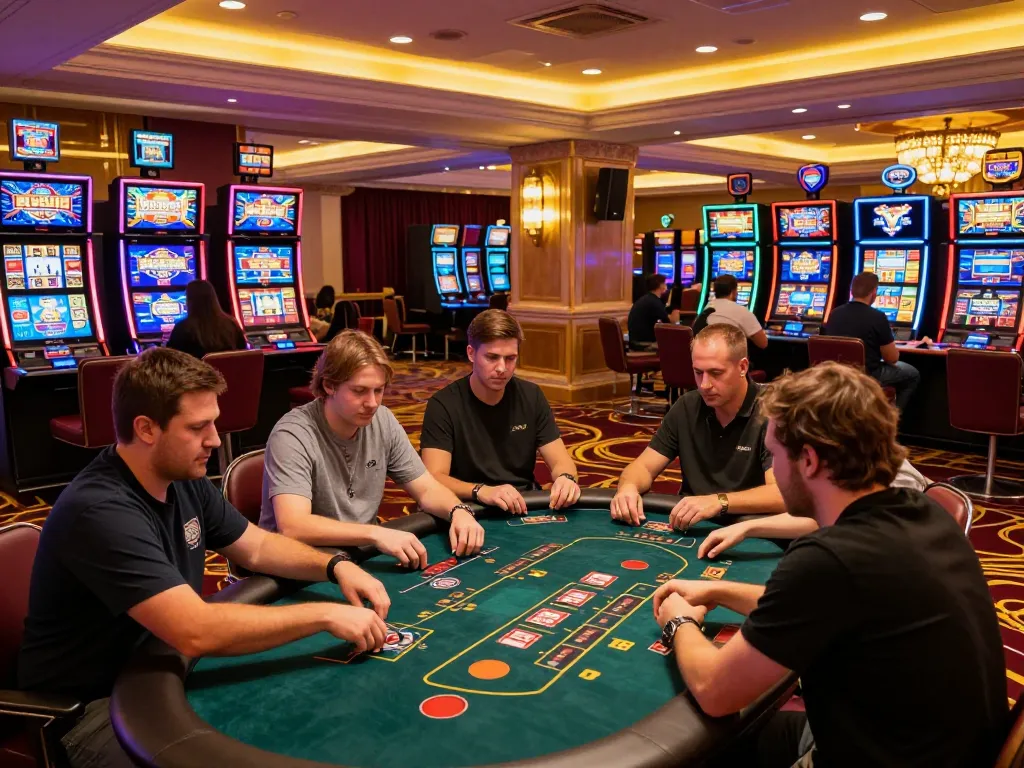 Excited players enjoy games at tg88 casino, showcasing vibrant slot machines and poker tables.