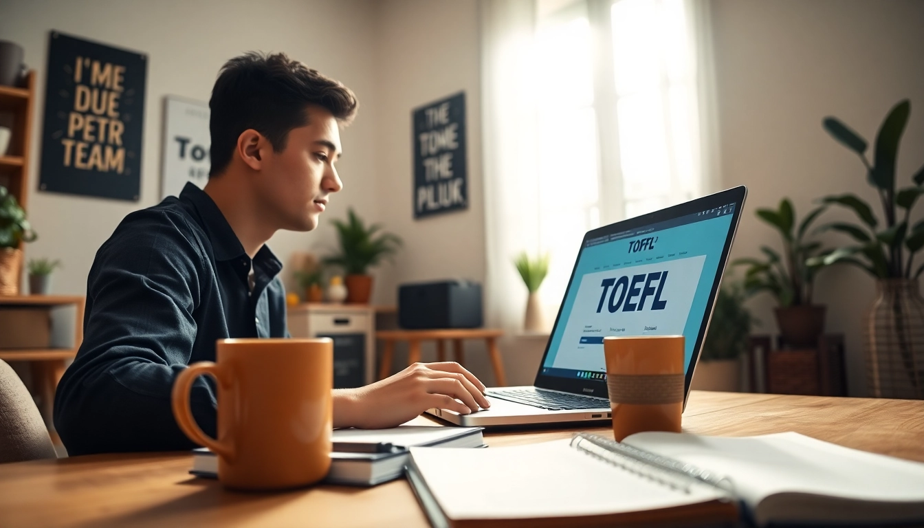 Pay someone to take toefl in a cozy study room with a focused student preparing for the exam.
