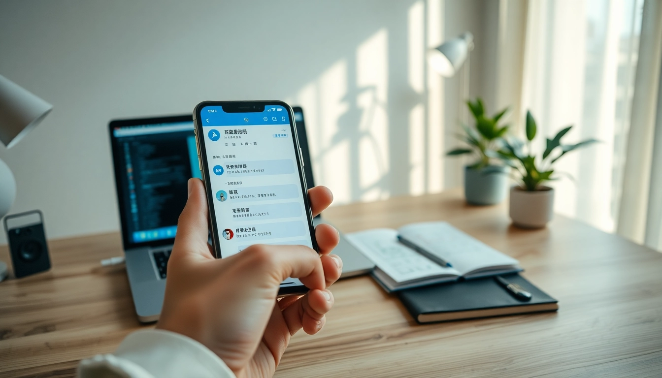 Engaging home office scene featuring Telegram中文 app on a smartphone, highlighting modern communication.