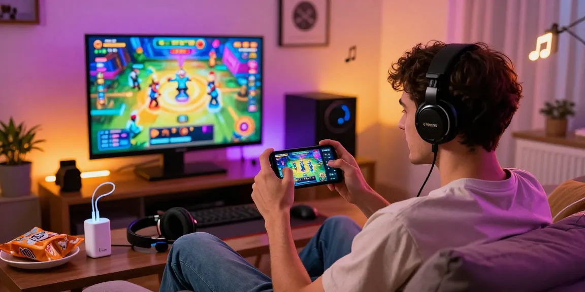 Aksi pemain yang bahagia bermain apk slot CR777 di ruang tamu nyaman dengan tampilan permainan berwarna-warni.