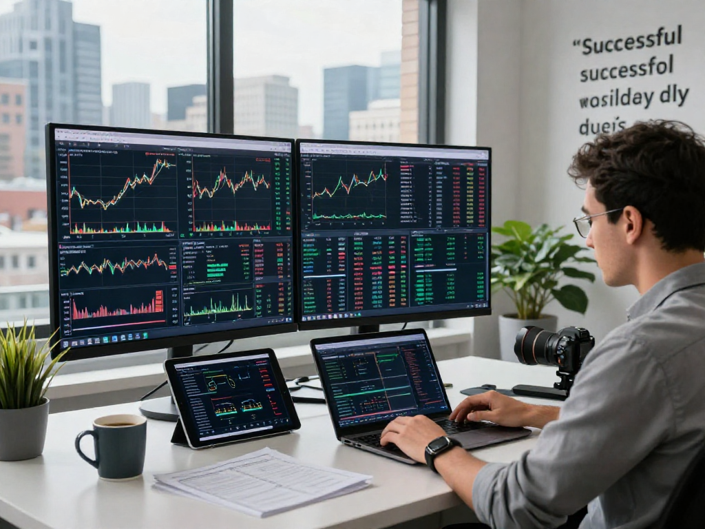 使用metatrader 5进行多市场分析的交易环境，现代化的办公桌与交易工具描绘。