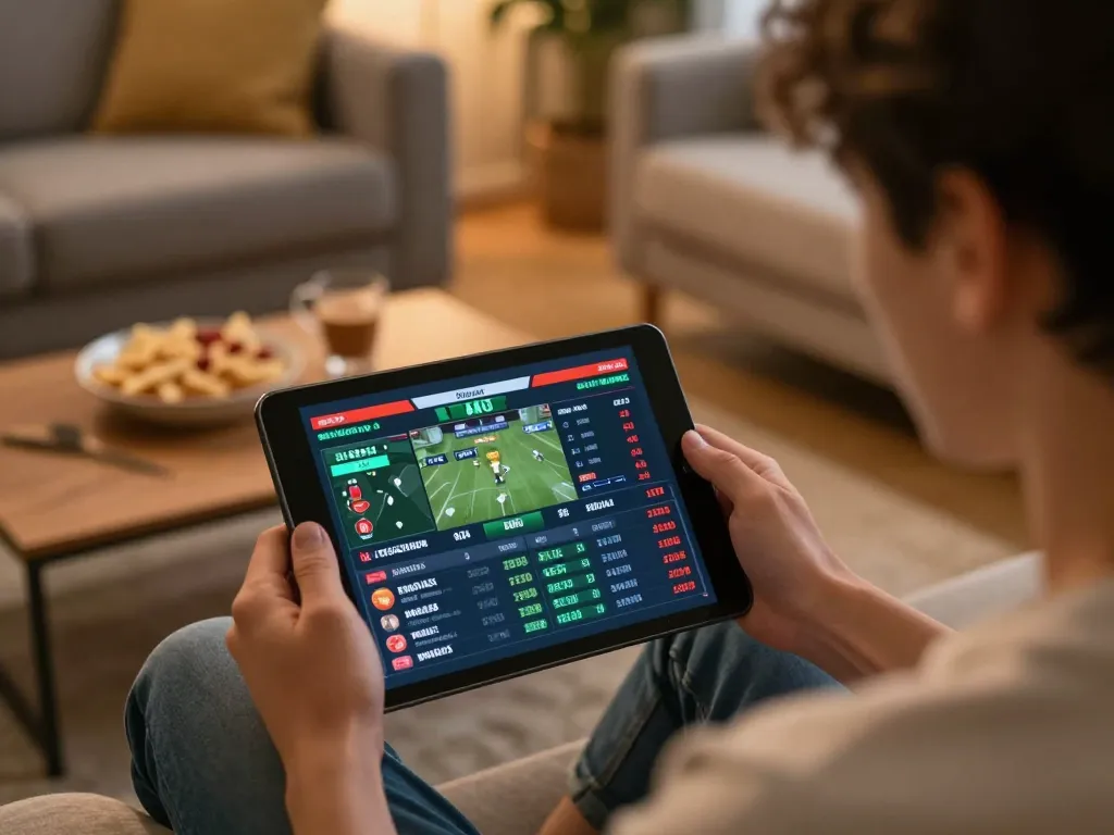 Person engaged in Canada online casinos reddit sports betting on a tablet at home.