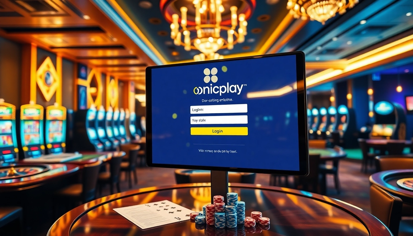 Experience the excitement of onicplay login amidst a luxurious casino environment filled with gaming elements.