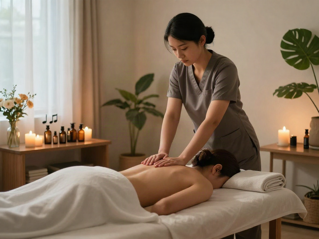 Relaxing 산본출장마사지 scene in a tranquil home spa environment with candles and essential oils.
