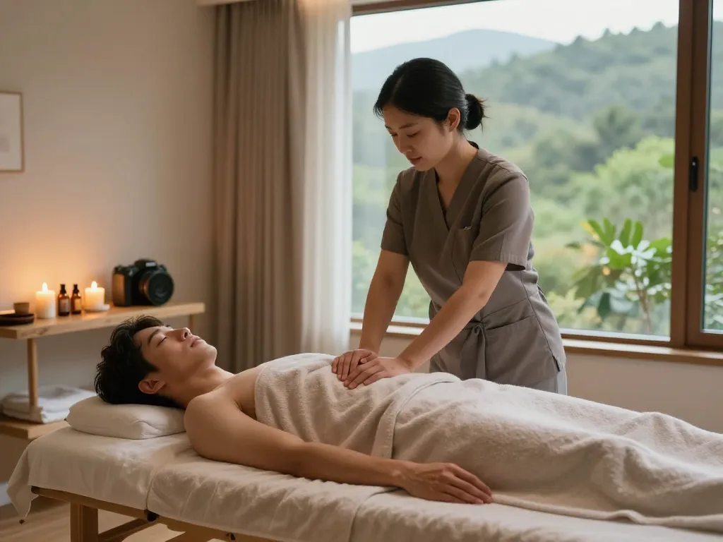 평온한 스파 환경에서 남성 고객과 함께하는 포항스웨디시 마사지 치료 세션.