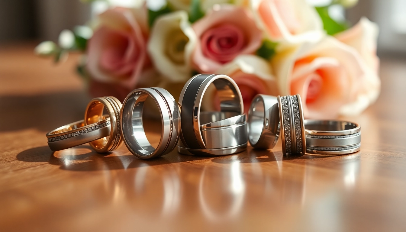 Showcasing exquisite mens wedding rings in various elegant styles and finishes.